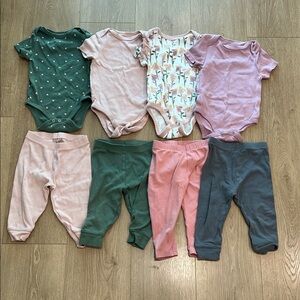 cloud island baby bodysuit and pant set in green, pink, mauve, and gray